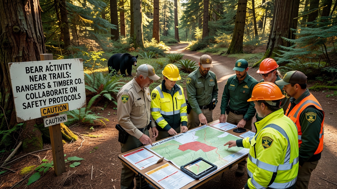 Timber workers install reinforced bear-proof containers at a trailhead adjacent to a logging road