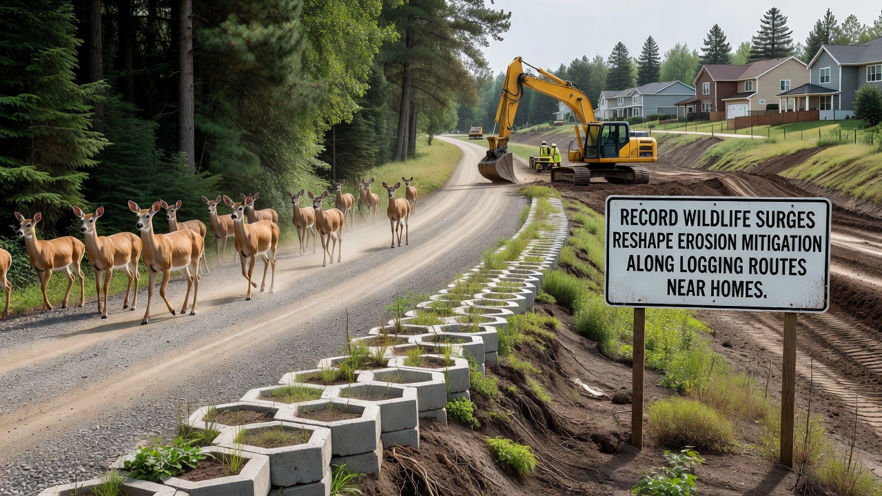 Close-up of reinforced erosion barriers adapted for wildlife passage along a forest road