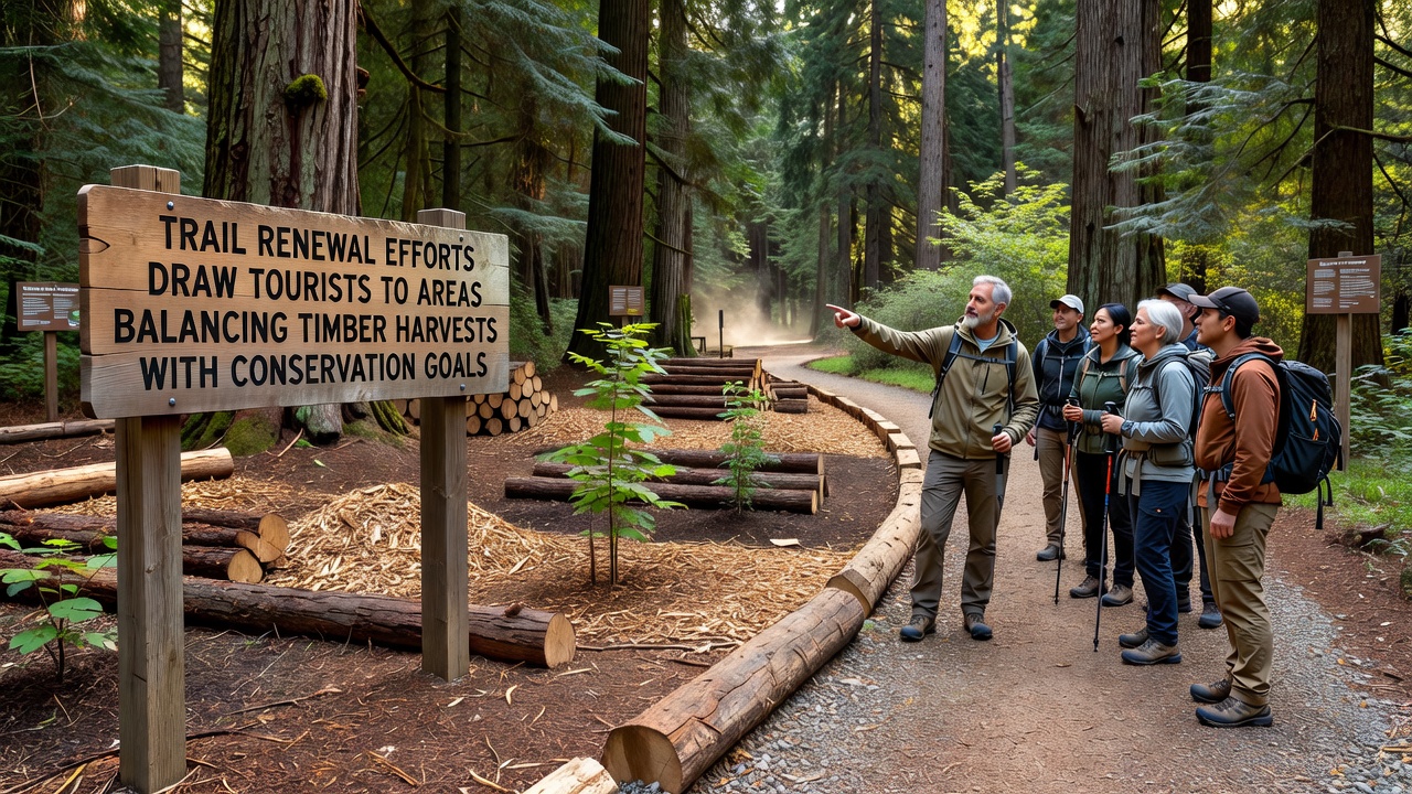 Tourists walking along a well-maintained forest trail near areas where conservation buffers protect streams during timber activities